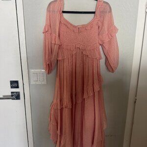 Free People Pink Ruffle Maxi Dress | Boho Metallic Thread - Size Medium